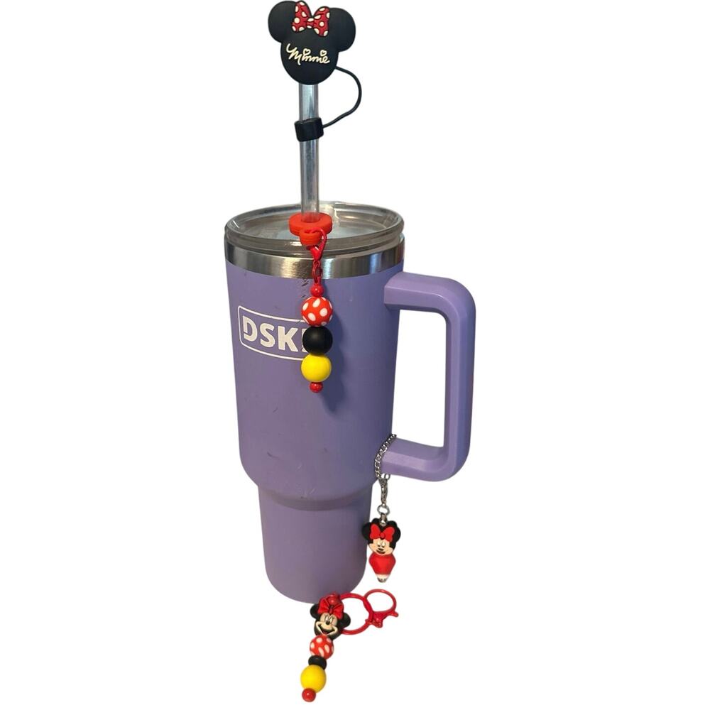 Minnie Mouse cup set 4 Piece set. Straw cover and charm, handle & Bag charm. NWT